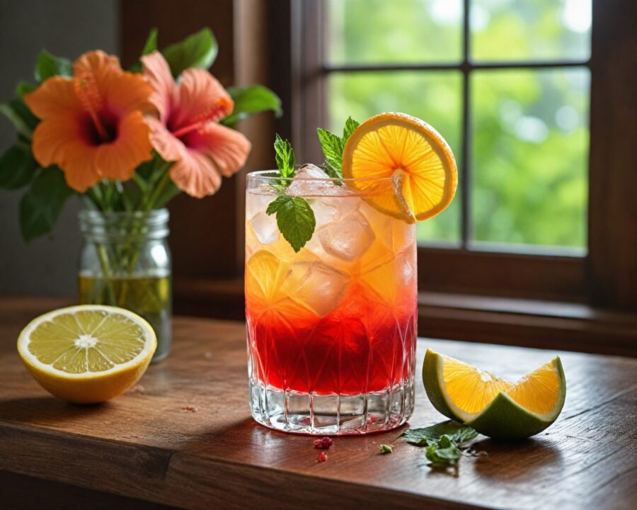 Receita de mocktail com hibisco e frutas cítricas fácil